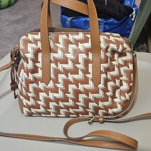 Fossil Tan and Cream Woven Satchel